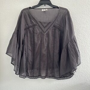 True Craft Boxy Blouse 2X Gray Crochet Lace Trim Flared Sleeve Boho Peasant Chic